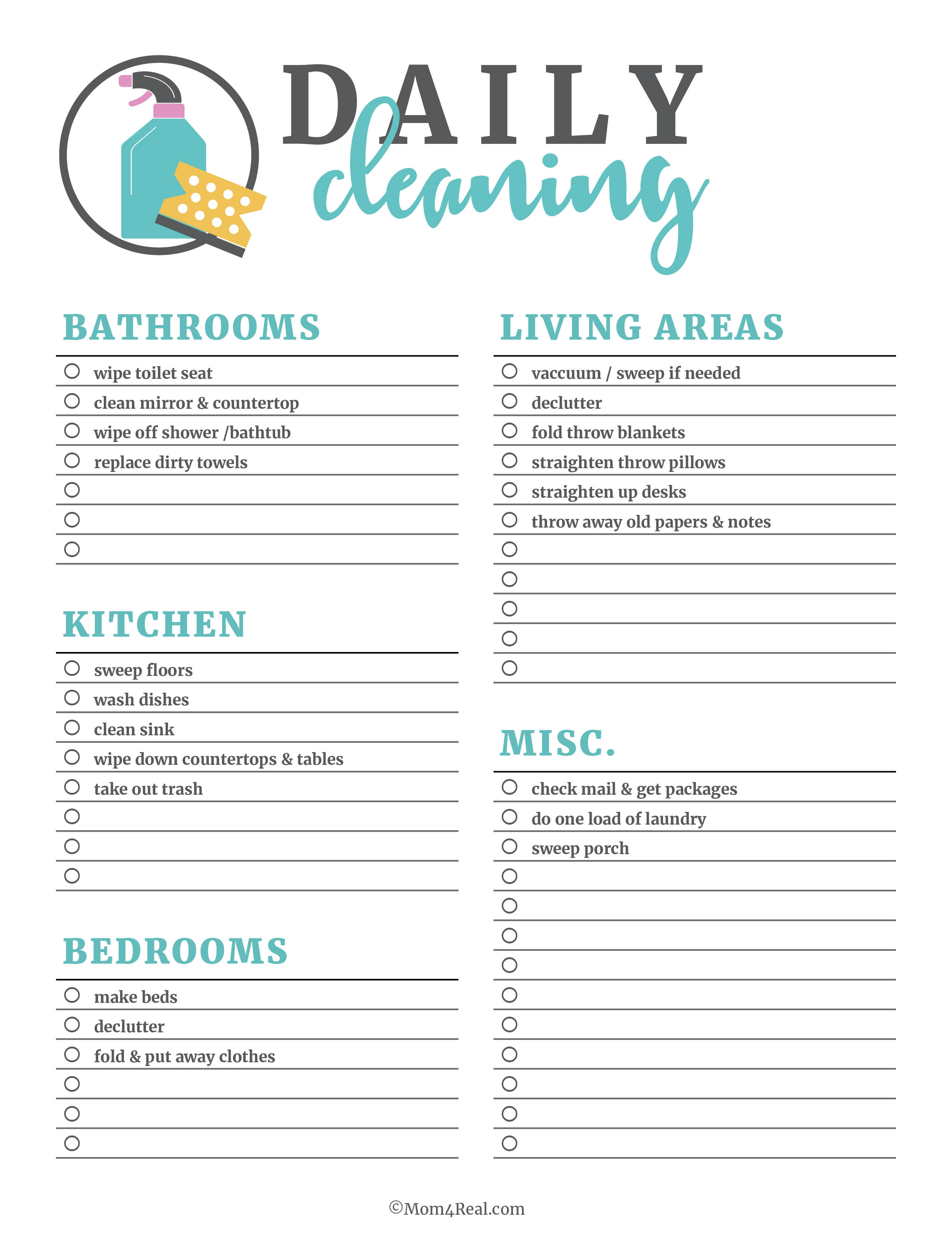 Printable Cleaning Checklists for Daily, Weekly and Monthly Cleaning
